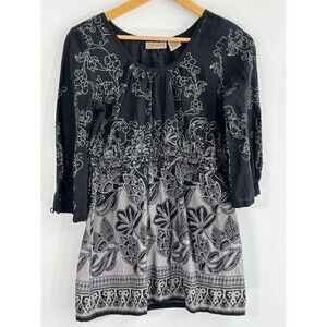 Art‎ and Soul Blouse Womens S Small 3/4 Sleeve Black Gray Boho Cotton Floral Top